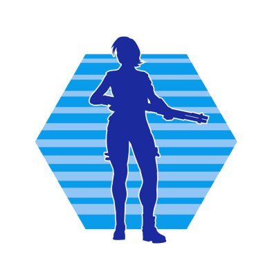 Uzun namlulu tüfek taşıyan bir kadın savaşçının silüeti. Silah taşıyan bir kadın dövüşçünün silueti.