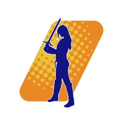 Ortaçağ kadın savaşçısının silueti kılıçlı poz veriyor..