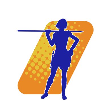 İnce bir kadın dövüşçünün silueti asa silahıyla ayakta duruyor. İnce bir kadın savaşçı silueti sopa tabancası taşıyor..