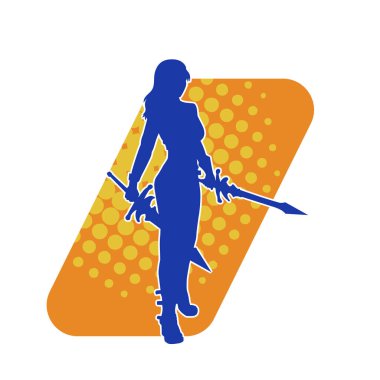 Ortaçağ kadın savaşçısının silueti kılıçlı poz veriyor..