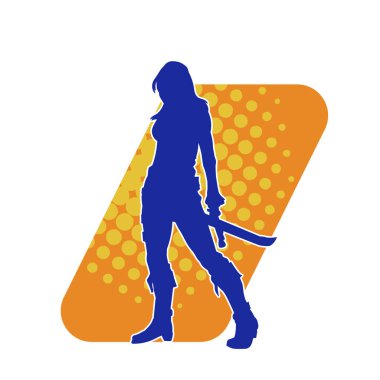 Ortaçağ kadın savaşçısının silueti kılıçlı poz veriyor..