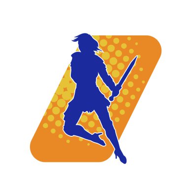 Ortaçağ kadın savaşçısının silueti kılıçlı poz veriyor..