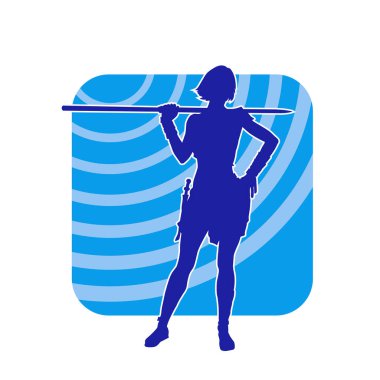 İnce bir kadın dövüşçünün silueti asa silahıyla ayakta duruyor. İnce bir kadın savaşçı silueti sopa tabancası taşıyor..