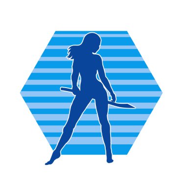 Kadın savaşçıların silueti kılıç taşıyor. Kılıçlı bir kadın dövüşçünün silueti..