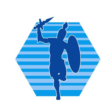 Savaş zırhlı bir erkek savaşçının silueti. Kılıç ve demir kalkan taşıyor..