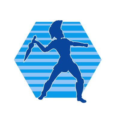 Zırhlı bir kadın savaşçının silueti kılıçla poz veriyor.