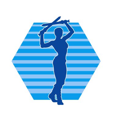 Kadın savaşçıların silueti kılıç taşıyor. Kılıçlı bir kadın dövüşçünün silueti..