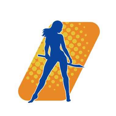 Kadın savaşçıların silueti kılıç taşıyor. Kılıçlı bir kadın dövüşçünün silueti..