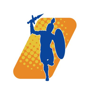 Romalı bir gladyatör silueti. Kılıcı ve demir kalkanı olan bir savaşçı düşmana saldırıyor..