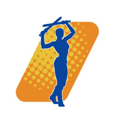 Çift kılıçlı seksi bir kadın savaşçının silüeti.