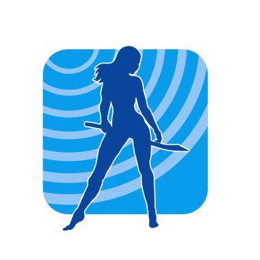 Kadın savaşçıların silueti kılıç taşıyor. Kılıçlı bir kadın dövüşçünün silueti..