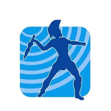 Zırhlı bir kadın savaşçının silueti kılıçla poz veriyor.