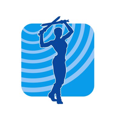 Kadın savaşçıların silueti kılıç taşıyor. Kılıçlı bir kadın dövüşçünün silueti..