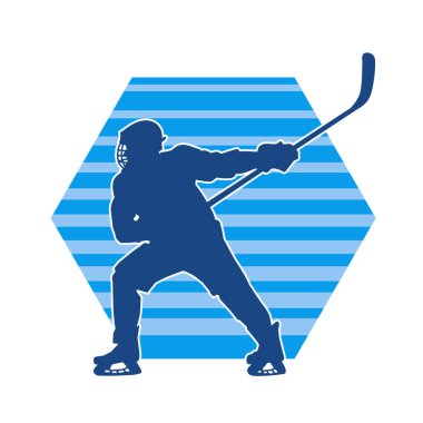 Erkek kış hokeyi atletinin silueti iş başında. Buz hokeyi oynayan bir adamın silueti..