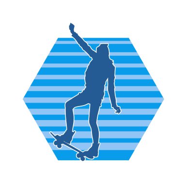 Hareket halindeki bir kadın silueti kaykay üzerinde poz veriyor. Kaykaylı şehirli bir kızın silueti..