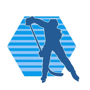 Kış hokeyi oynayan kadın bir oyuncunun silueti. Kar hokeyi oynayan bir kadının silueti..