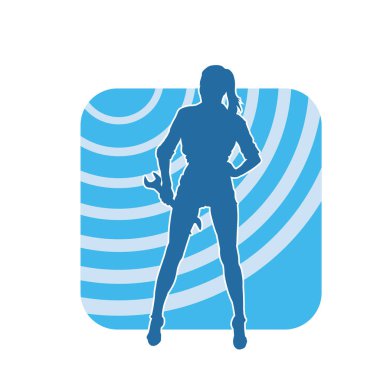 İngiliz anahtarı taşıyan zayıf bir kadının silueti. İngiliz anahtarı taşıyan bir kadın işçinin silueti..