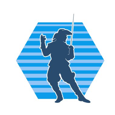 Kılıç taşıyan bir ortaçağ askeri ya da savaşçısının silueti. Şapkalı, korsan kostümlü bir erkek mankenin silueti..