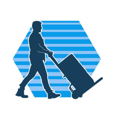 Depo çalışanının silueti bir lori çizelgesi ya da kutuları taşıyan bir el arabası. Bir teslimat işçisi ya da kurye silueti bir araba dolusu kutuyla poz vermiş..