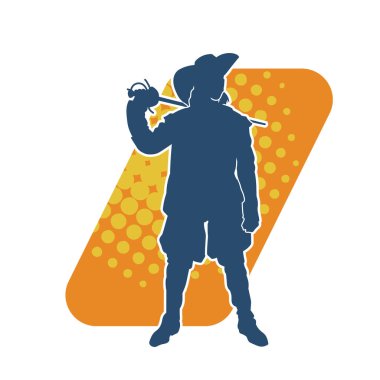 Kılıç taşıyan bir ortaçağ askeri ya da savaşçısının silueti. Şapkalı, korsan kostümlü bir erkek mankenin silueti..