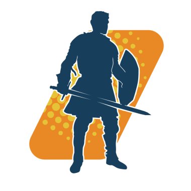 Savaş zırhlı bir erkek savaşçının silueti. Kılıç ve demir kalkan taşıyor..