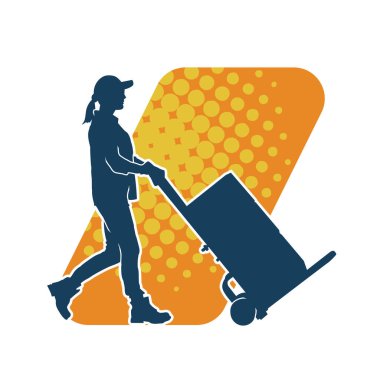 Depo çalışanının silueti bir lori çizelgesi ya da kutuları taşıyan bir el arabası. Bir teslimat işçisi ya da kurye silueti bir araba dolusu kutuyla poz vermiş..