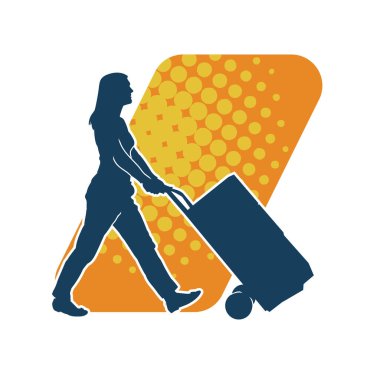 Depo çalışanının silueti bir lori çizelgesi ya da kutuları taşıyan bir el arabası. Bir teslimat işçisi ya da kurye silueti bir araba dolusu kutuyla poz vermiş..