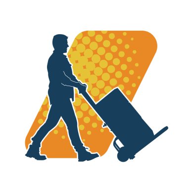 Depo çalışanının silueti bir lori çizelgesi ya da kutuları taşıyan bir el arabası. Bir teslimat işçisi ya da kurye silueti bir araba dolusu kutuyla poz vermiş..