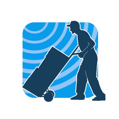 Depo çalışanının silueti bir lori çizelgesi ya da kutuları taşıyan bir el arabası. Bir teslimat işçisi ya da kurye silueti bir araba dolusu kutuyla poz vermiş..