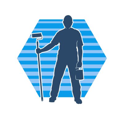 Boya işi yapan bir erkek işçinin silüeti. Bir iç ressamın silueti..