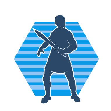 Bir erkek savaşçının silueti kılıçla poz veriyor. Kılıç taşıyan bir savaşçının silueti..