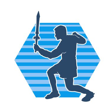 Bir erkek savaşçının silueti kılıçla poz veriyor. Kılıç taşıyan bir savaşçının silueti..