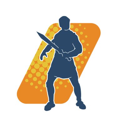 Bir erkek savaşçının silueti kılıçla poz veriyor. Kılıç taşıyan bir savaşçının silueti..