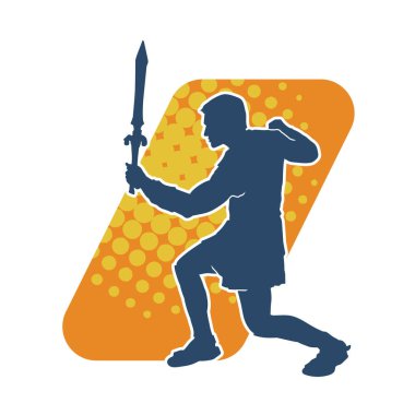 Bir erkek savaşçının silueti kılıçla poz veriyor. Kılıç taşıyan bir savaşçının silueti..