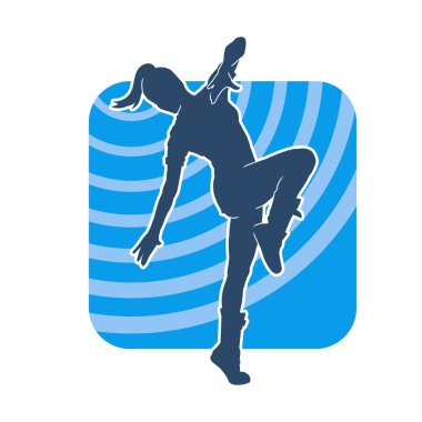 Mutlu dans eden bir kadının silueti. Beyaz arka planda izole edilmiş genç bayan dansçı hareket vektörü silueti.