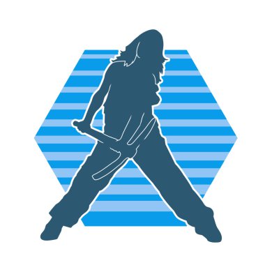 Kazma aletleri taşıyan işçi kostümlü bir kadının silüeti. Toplama aleti ile poz veren kadın silueti..