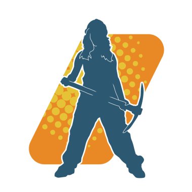 Kazma aletleri taşıyan işçi kostümlü bir kadının silüeti. Toplama aleti ile poz veren kadın silueti..