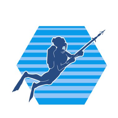 Dalgıç kıyafetiyle dalış yapan kadın silueti ve zıpkınla olta taşıyan deniz mahsulü. Sualtında yüzen bir kadın dalgıç silueti sopa mızrağı taşıyor..