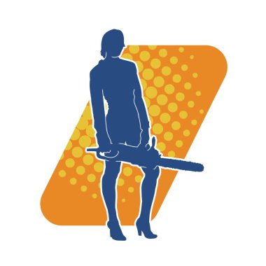 Makineli testere taşıyan kadın inşaat işçisinin silueti. Elektrikli testere tutan oduncu bir kadının silueti..