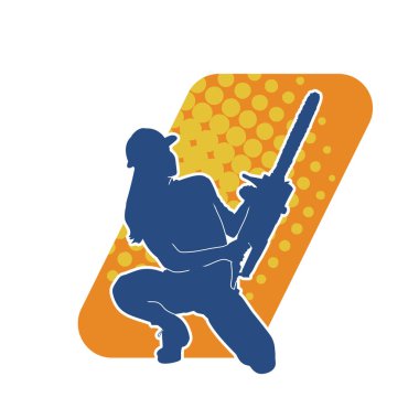 Makineli testere taşıyan kadın inşaat işçisinin silueti. Elektrikli testere tutan oduncu bir kadının silueti..