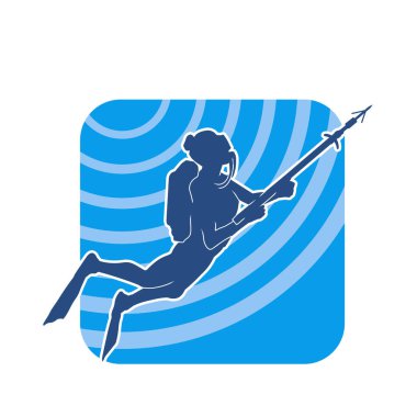 Dalgıç kıyafetiyle dalış yapan kadın silueti ve zıpkınla olta taşıyan deniz mahsulü. Sualtında yüzen bir kadın dalgıç silueti sopa mızrağı taşıyor..