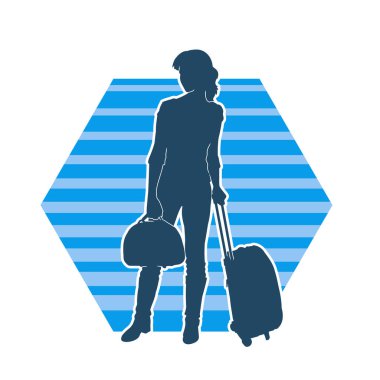 Bagaj çantalı bir kadın gezginin silueti. Tekerlekli seyahat çantası olan şık bir kadının silueti. Bir uçuş hostesinin silueti..