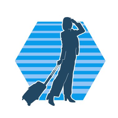 Silhouette of a female traveler with luggage travel bag. Silhouette of a fashionable woman with wheeled travel case. Silhouette of an air flight stewardess. clipart