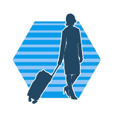 Bagaj çantalı bir kadın gezginin silueti. Tekerlekli seyahat çantası olan şık bir kadının silueti. Bir uçuş hostesinin silueti..