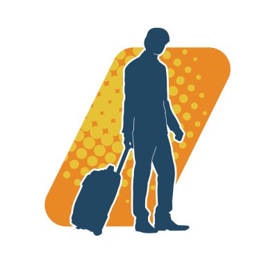 Bagaj çantalı bir erkek yolcunun silueti. Tekerlekli seyahat çantası olan takım elbiseli bir adamın silüeti.. 