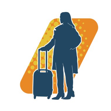 Bagaj çantalı bir kadın gezginin silueti. Tekerlekli seyahat çantası olan şık bir kadının silueti. Bir uçuş hostesinin silueti..