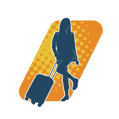 Bagaj çantalı bir kadın gezginin silueti. Tekerlekli seyahat çantası olan şık bir kadının silueti. Bir uçuş hostesinin silueti..