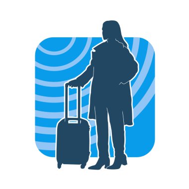 Bagaj çantalı bir kadın gezginin silueti. Tekerlekli seyahat çantası olan şık bir kadının silueti. Bir uçuş hostesinin silueti..