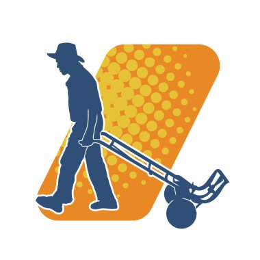 Yaşlı bir adamın silueti tramvay tekerlek aletini çekiyor. Bir hamalın silueti el arabası çekiyor..