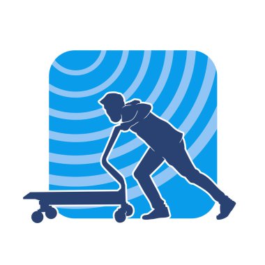 Tramvay ya da el arabası kullanan bir adamın silueti. Bir erkeğin silueti, bir lori çarkını itiyor..